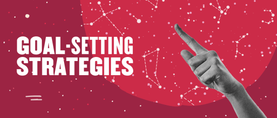 goal-setting-strategies, hand-pointing-upward-on-red-background-with-constellation-patterns
